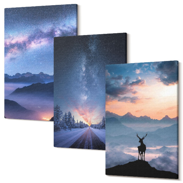 Sada 3 obrazov Nočná obloha, hory, krajina v hmle a jeleň