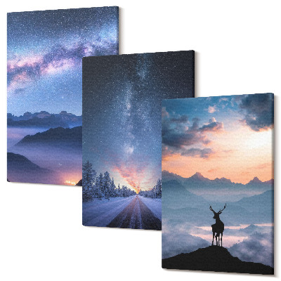 Sada 3 obrazov Nočná obloha, hory, krajina v hmle a jeleň