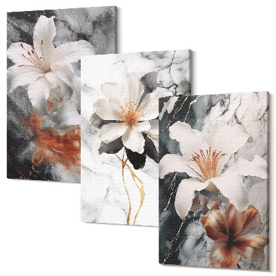 Sada obrazov triptych Kvety na mramorovom podklade v odtieňoch bielej a čiernej