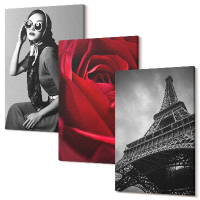 Sada obrazov na stenu triptych Parížanka s ružovými okuliarmi a Eiffelova veža