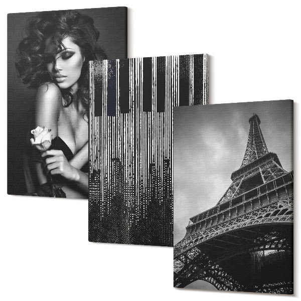 Sada 3 obrazov Portrét ženy s ružou, Eiffelovou vežou a klavírnym vzorom