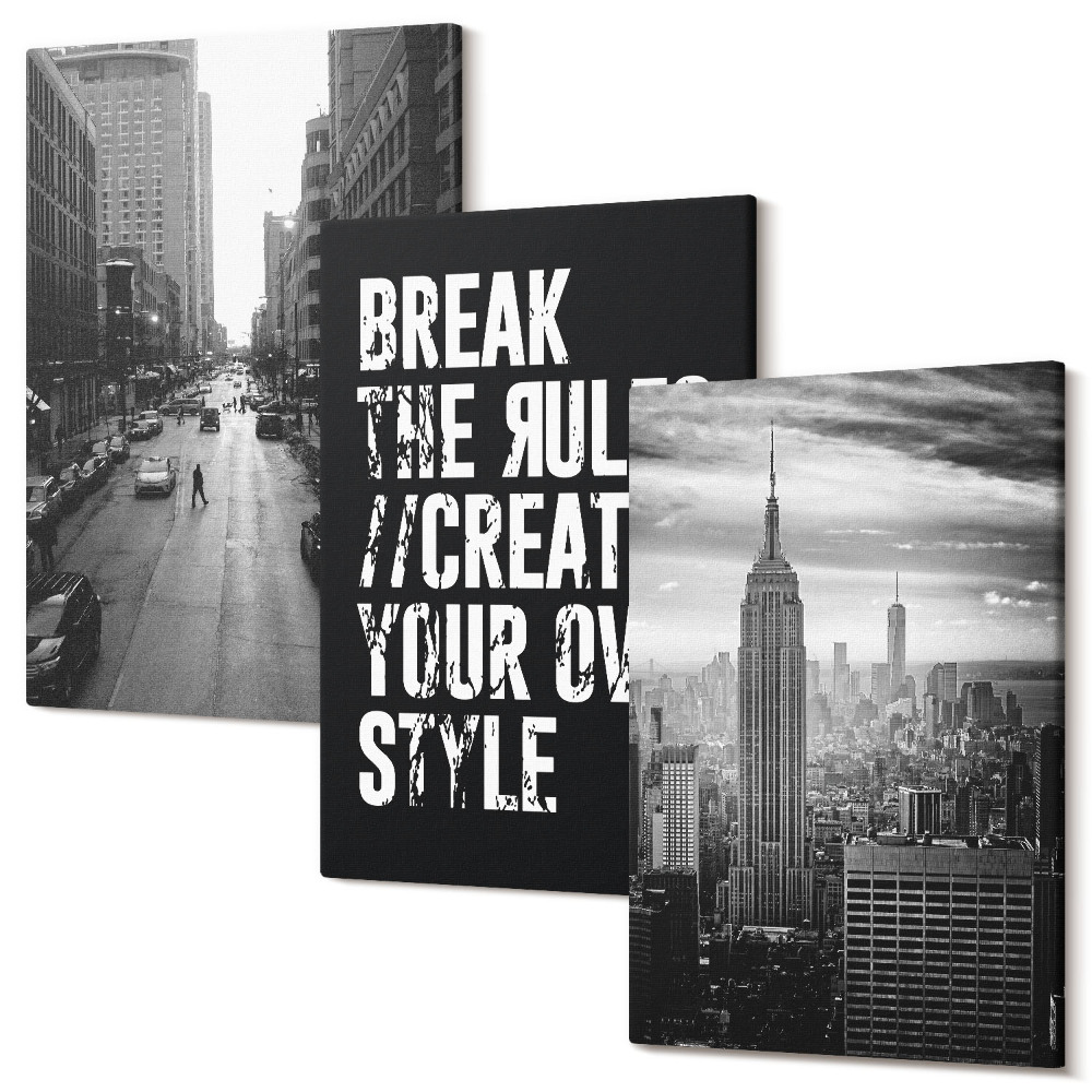 Sada obrazov triptych Ulice mesta v čiernej a bielej farbe s inšpiratívnym nápisom