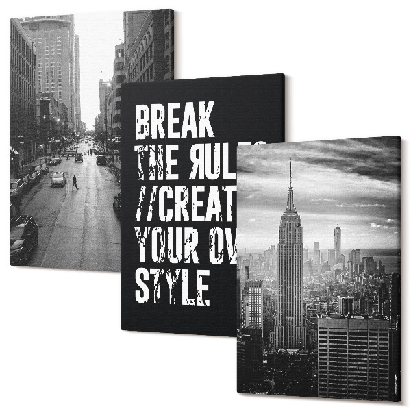 Sada obrazov triptych Ulice mesta v čiernej a bielej farbe s inšpiratívnym nápisom