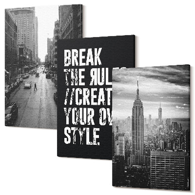 Sada obrazov triptych Ulice mesta v čiernej a bielej farbe s inšpiratívnym nápisom