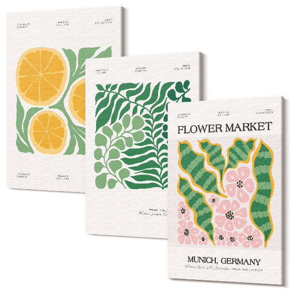 Sada obrazov na stenu triptych Plagáty s ovocnými a rastlinnými motívmi v pastelových farbách