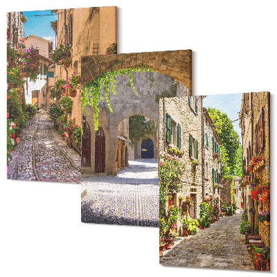 Sada 3 obrazov Talianske uličky s kvetmi a krajinnou architektúrou