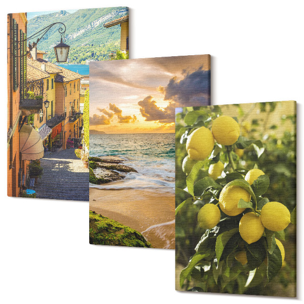 Sada 3 obrazov Malebné uličky, more, pláž a citrusové stromy