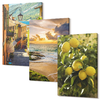 Sada 3 obrazov Malebné uličky, more, pláž a citrusové stromy