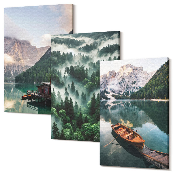 Sada obrazov na stenu triptych Horská krajina s jazerom, loďou a lesom v hmle