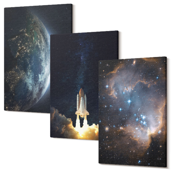 Sada 3 obrazov Vesmírna Zem raketa galaxie hviezdy na oblohe