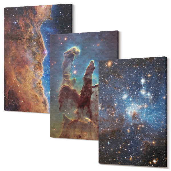 Sada 3 obrazov Vesmírne krajiny s galaxiami a hmlovinami