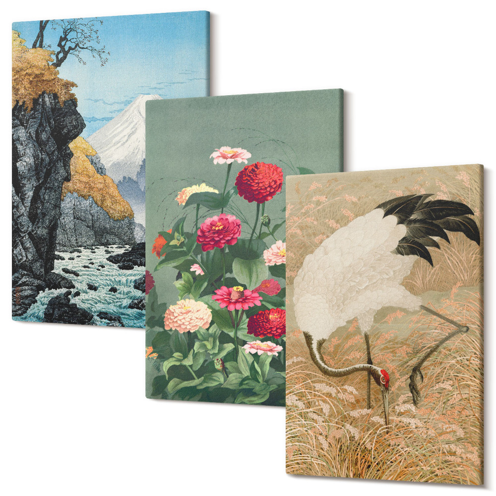 Sada obrazov triptych Hory v krajine, rieka, kvety a žeriavy v tráve