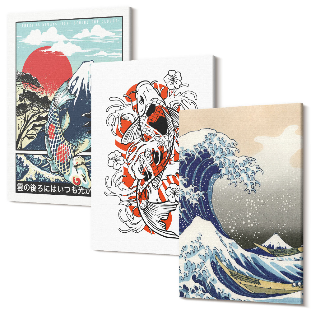 Sada 3 obrazov Ilustrácie hôr rýb a Veľkej vlny pri Kanagawe, japonský štýl