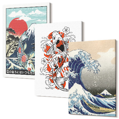 Sada 3 obrazov Ilustrácie hôr rýb a Veľkej vlny pri Kanagawe, japonský štýl