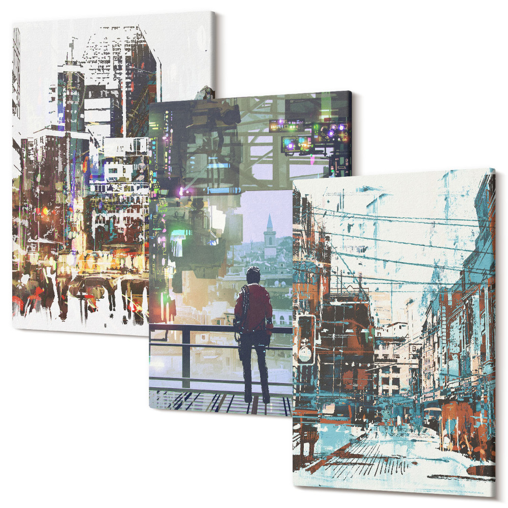 Sada obrazov triptych Moderné mestá vo farbách s postavou v pozadí