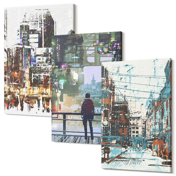 Sada obrazov triptych Moderné mestá vo farbách s postavou v pozadí