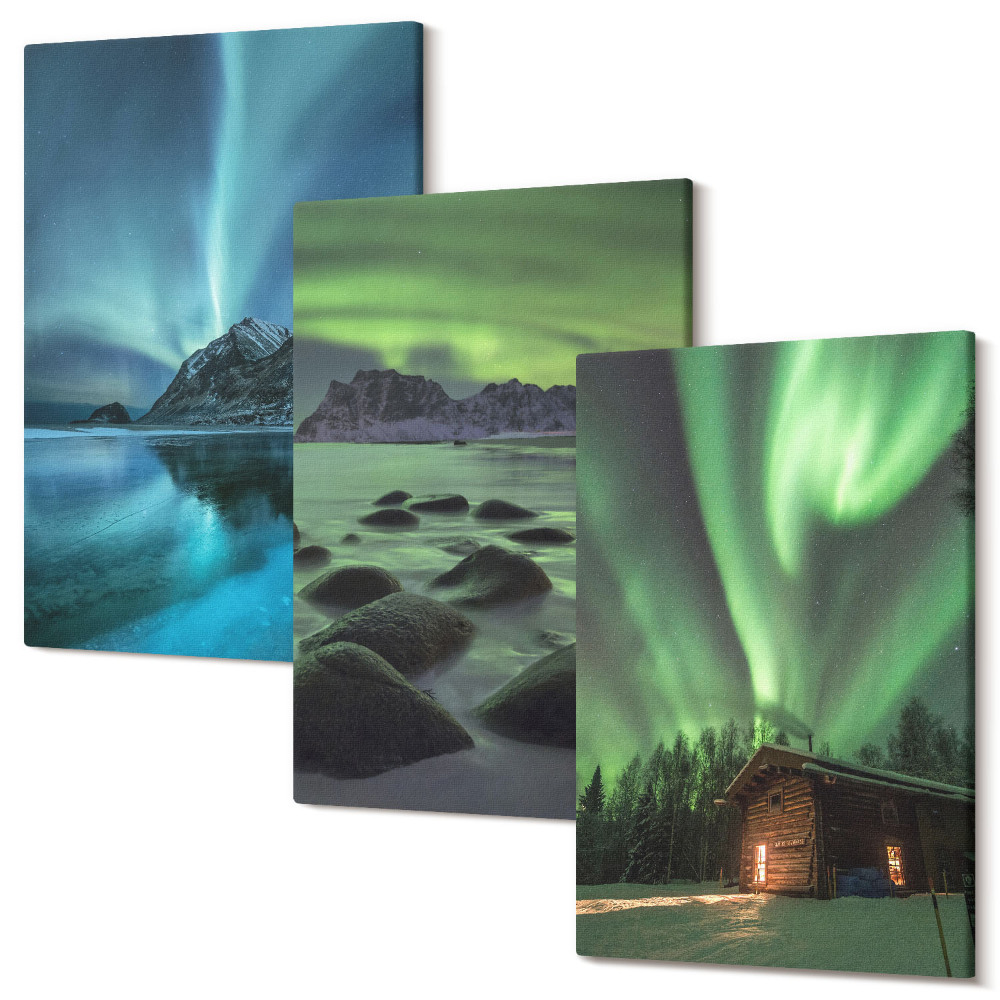 Sada 3 obrazov Zimná krajina s polárnou žiarou nad horami