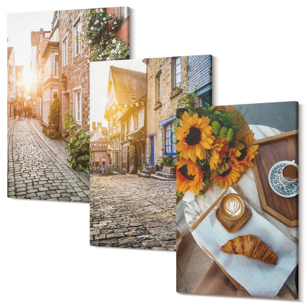 Sada obrazov na stenu triptych Očarujúce uličky s kávou a slnečnicami
