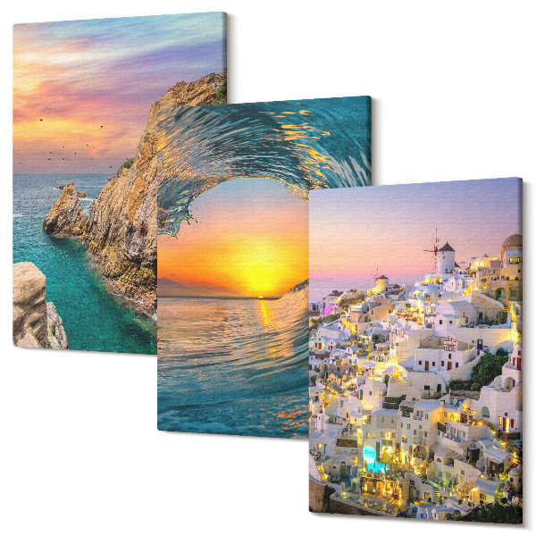 Sada 3 obrazov Výhľady na more, vlny a biele domy na Santorini, Grécko