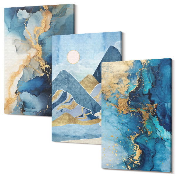 Sada obrazov na stenu triptych Modré hory s prvkami abstraktného vzoru