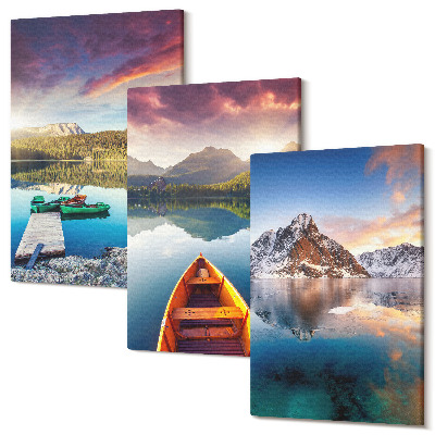 Sada 3 obrazov Pokojné jazerá s horskou scenériou a loďou