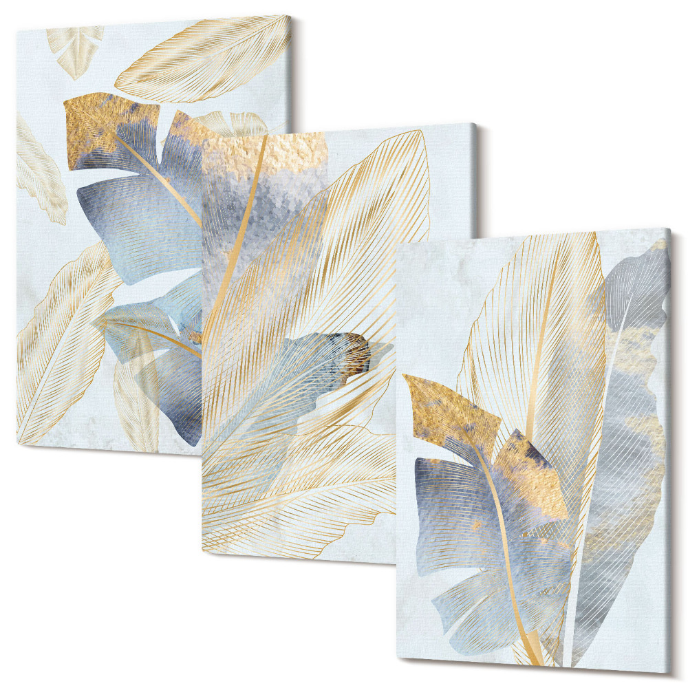 Sada obrazov triptych Listy v odtieňoch modrej a béžovej na svetlom pozadí