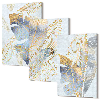 Sada obrazov triptych Listy v odtieňoch modrej a béžovej na svetlom pozadí