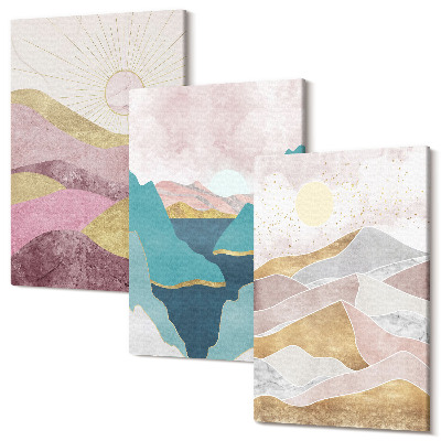 Sada obrazov triptych Abstraktné krajiny s horami a slnkom
