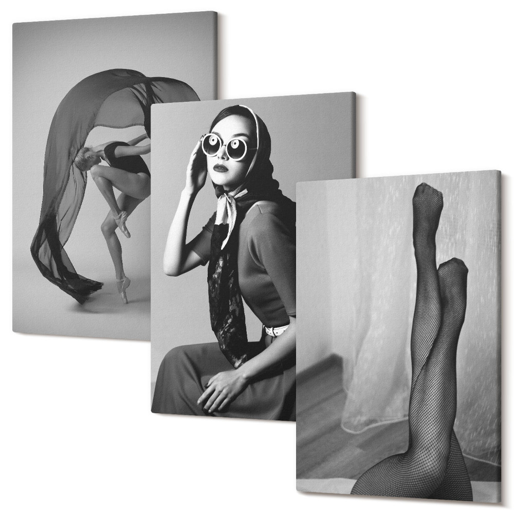 Sada 3 obrazov Štýlové čiernobiele portréty žien v elegantných pózach