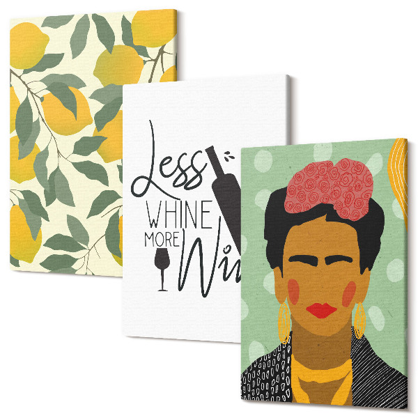 Sada obrazov na stenu triptych Lemons slogan o vínnom portréte Fridy Kahlo