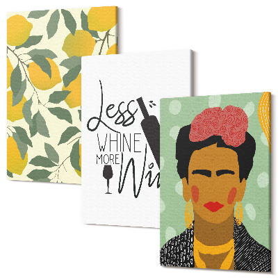Sada obrazov na stenu triptych Lemons slogan o vínnom portréte Fridy Kahlo