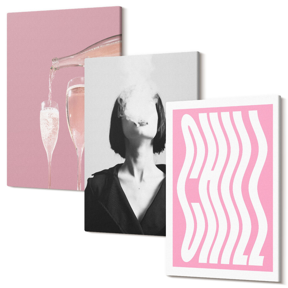 Sada obrazov triptych Štýlový portrét ženy v relaxačnom šampanskom
