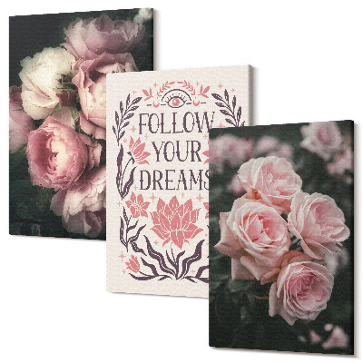 Sada obrazov na stenu triptych Vintage ruže s nápisom o snoch