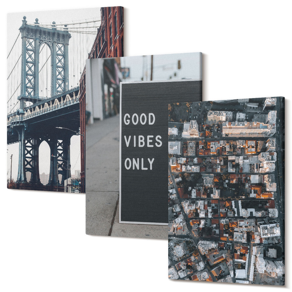 Sada obrazov na stenu triptych Most v meste so značkami ulíc, letecký pohľad