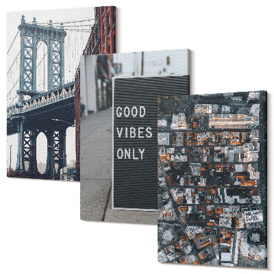 Sada obrazov na stenu triptych Most v meste so značkami ulíc, letecký pohľad