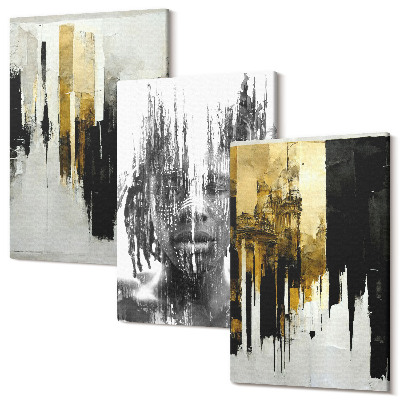 Sada 3 obrazov Kontrast abstrakcií s portrétom a architektúrou