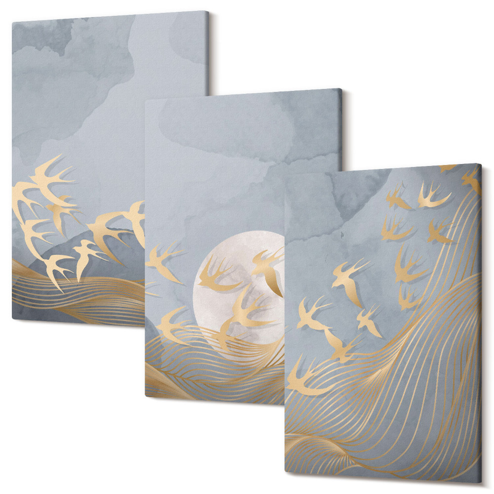Sada obrazov na stenu triptych Vtáky v lete proti oblohe a mesiac
