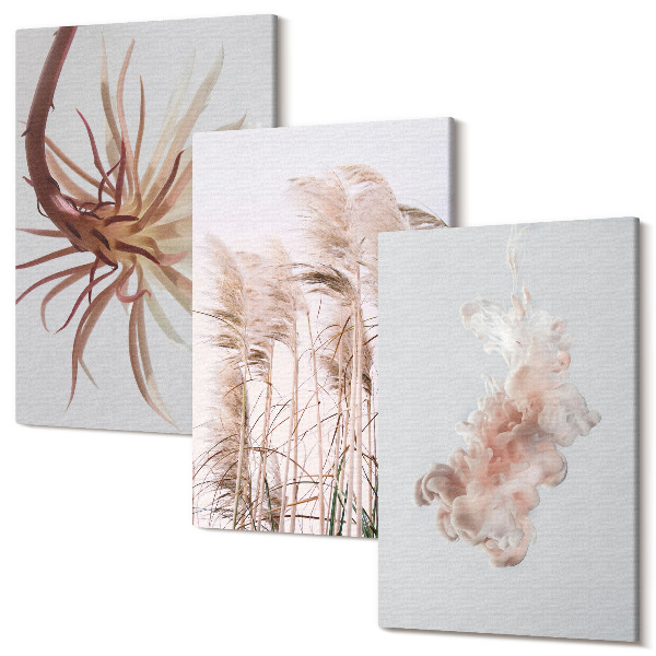 Sada obrazov na stenu triptych Kvety a trávy na svetlom pozadí v harmonickom súbore