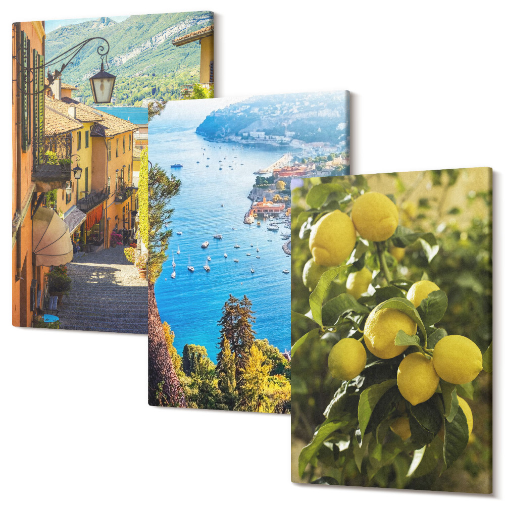 Sada obrazov na stenu triptych Malebné prímorské uličky s výhľadom na more a citróny