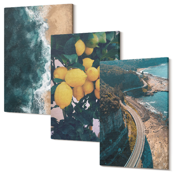 Sada 3 obrazov More pláž citróny horská krajina pobrežná cesta