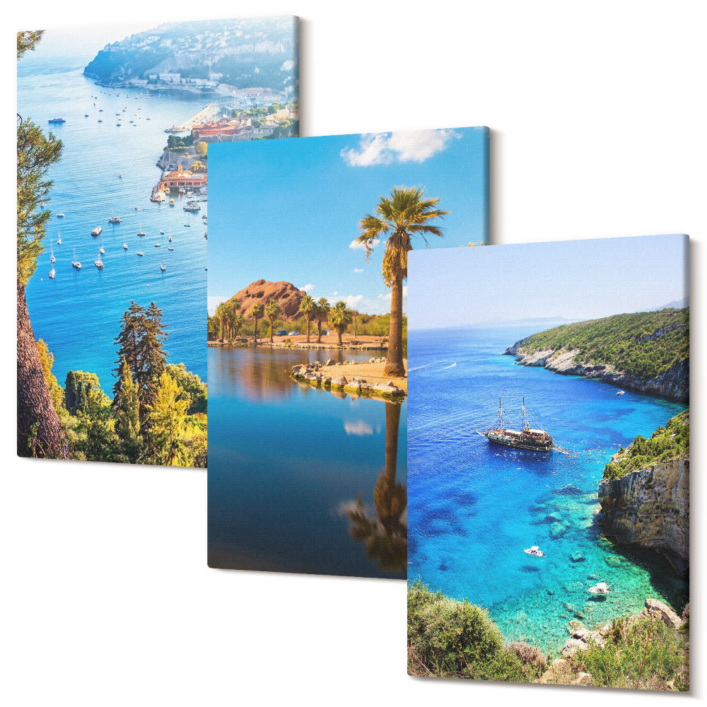 Sada 3 obrazov Výhľad na more s palmami a modrou vodou
