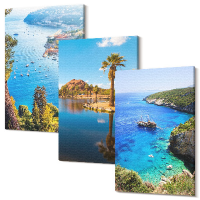 Sada 3 obrazov Výhľad na more s palmami a modrou vodou