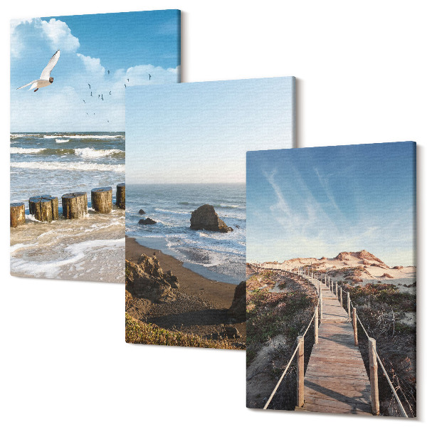 Sada obrazov triptych Pohľad na pláž s vlnami, oblohou a prechádzkovým mólom