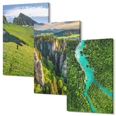 Sada 3 obrazov Zelené horské krajiny s riekou a skalami
