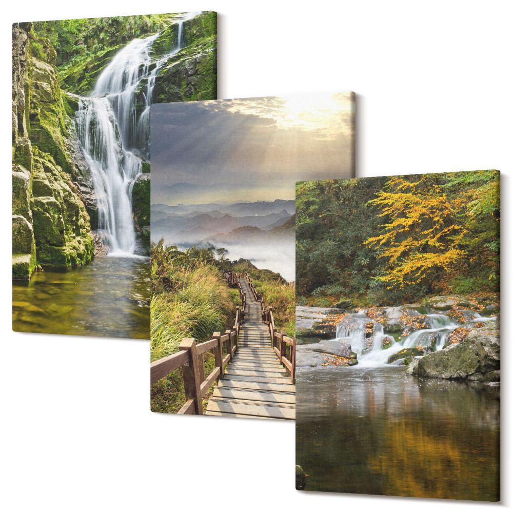Sada 3 obrazov Vodopády, hory, cestičky v oblakoch a jesenné výhľady
