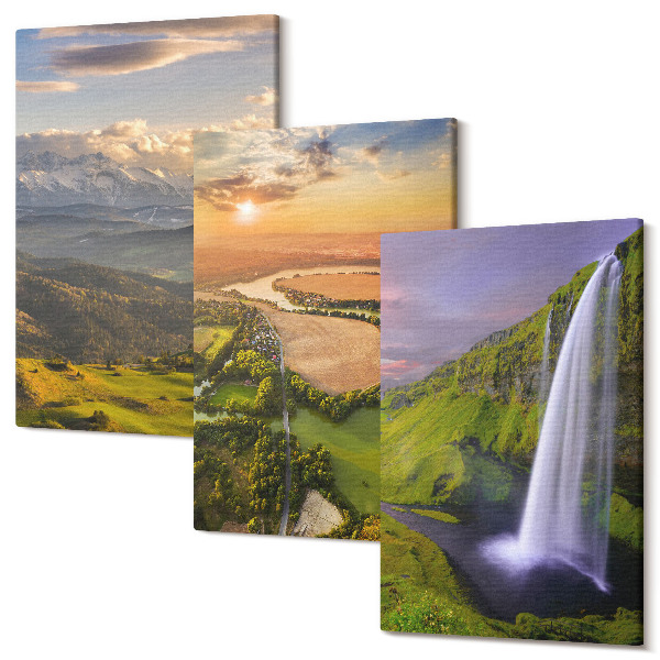 Sada obrazov na stenu triptych Výhľad na horskú rieku a vodopád v prírode