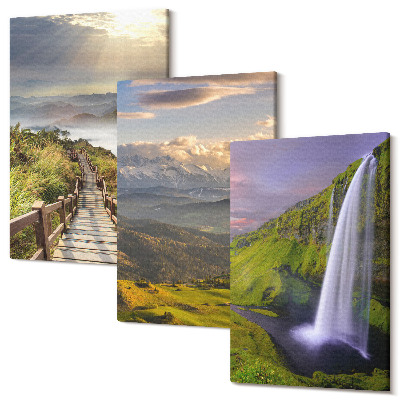 Sada obrazov triptych Malebná horská krajina s vodopádom a cestičkou