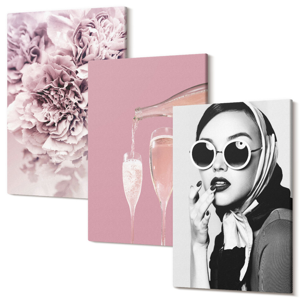 Sada obrazov triptych Kvety v odtieňoch ružovej a elegantná žena