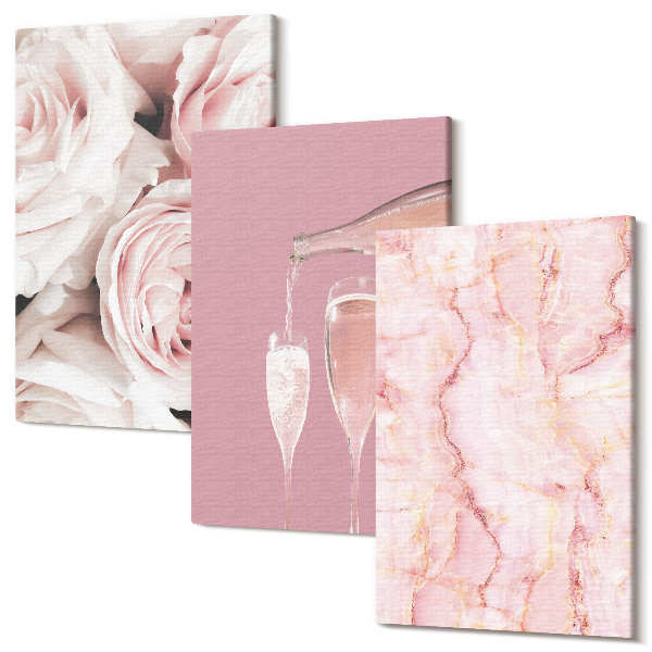 Sada 3 obrazov Šampanské ruže a pastelové mramorové pozadie