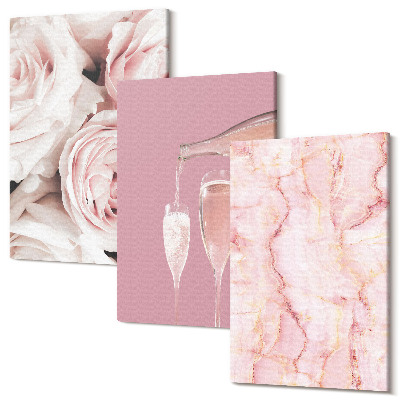 Sada 3 obrazov Šampanské ruže a pastelové mramorové pozadie